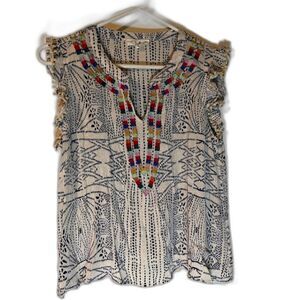 THML Anthropolgie Modern Boho Embroidered White/Blue Print Ruffle Cap Slve Top S